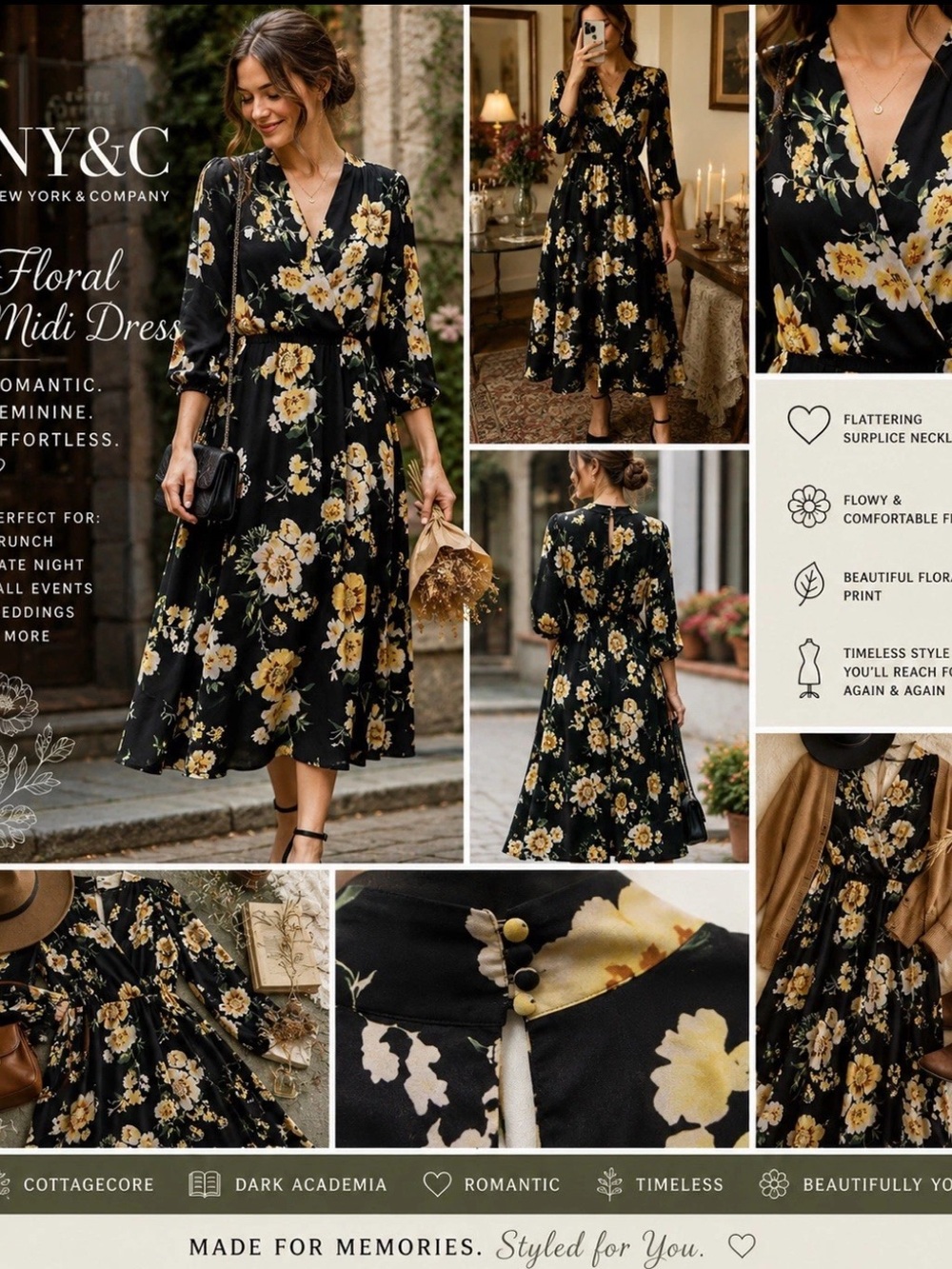 NY & Co Floral Dress Medium Black Yellow Floral Cottagecore Fall Romantic Flowly